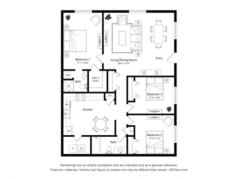 Floor plan for 3 beds, 2 baths, 1360 sqft